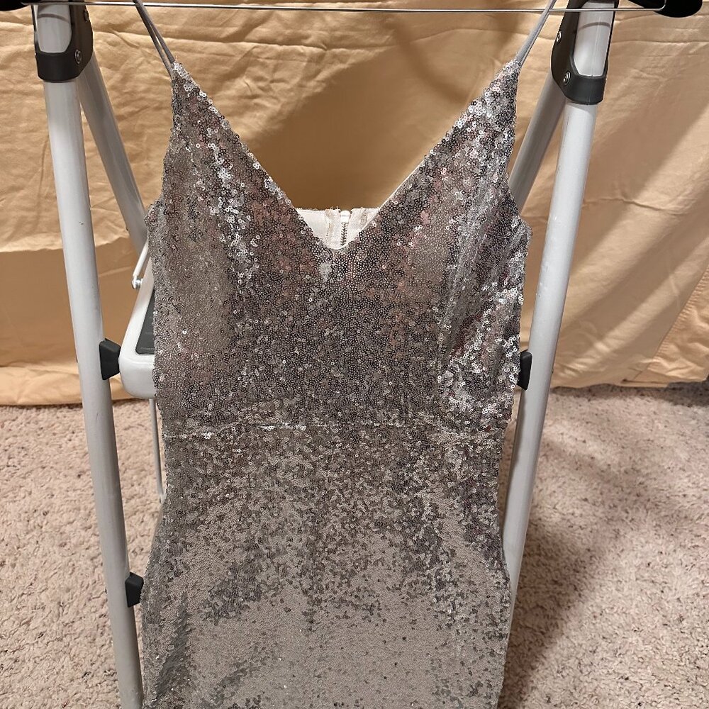 Silver Sparkle Mini Dress with strips, V cleavage, and zipper in the back